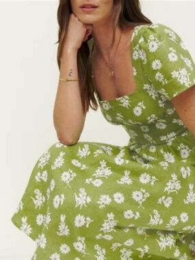 Long A-line Dress by Reformation in Olive Green/White (“Pacome Linen”), size 6.